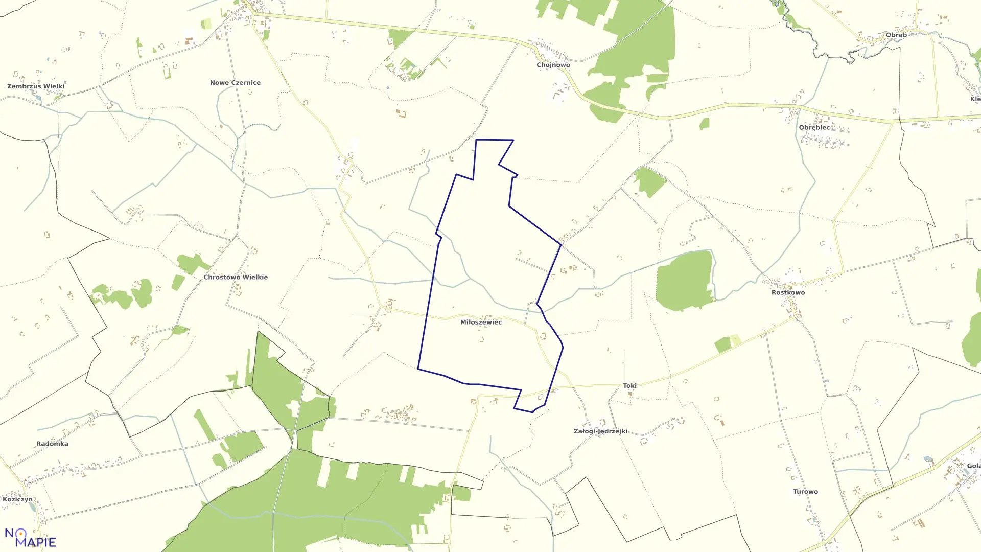 Mapa obrębu MIŁOSZEWIEC w gminie Czernice Borowe