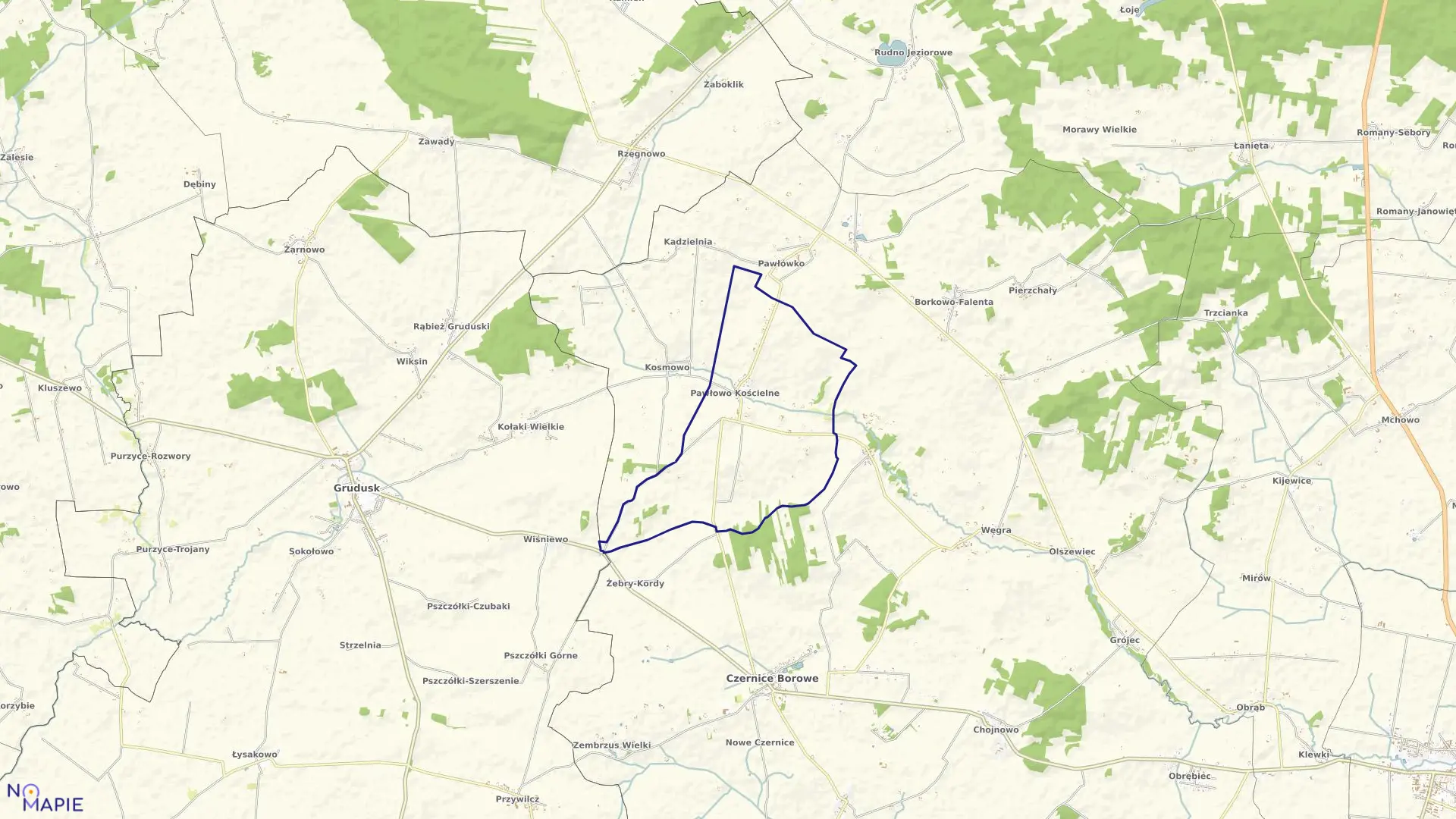 Mapa obrębu PAWŁOWO KOŚCIELNE w gminie Czernice Borowe