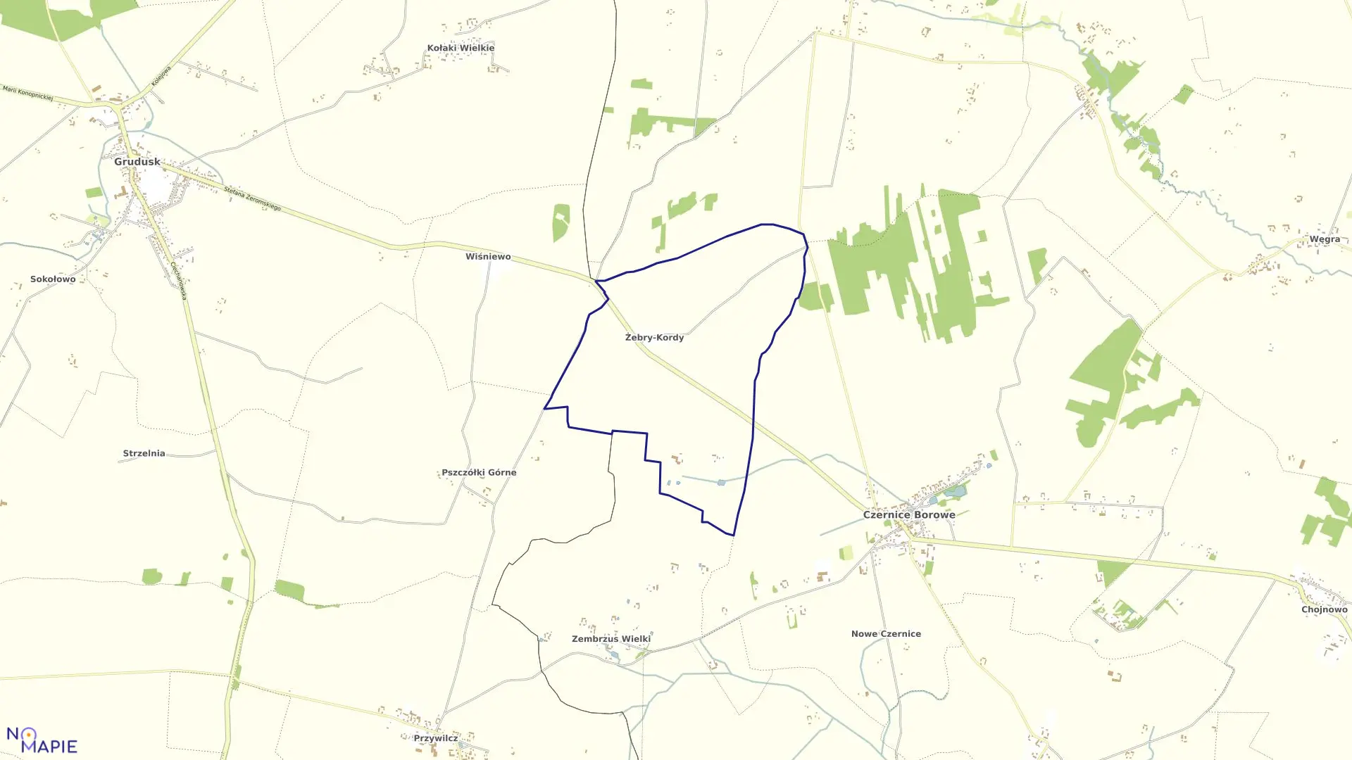 Mapa obrębu ŻEBRY w gminie Czernice Borowe